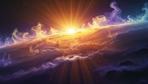 Dramatic venus celestial sunrise over cosmic terrain