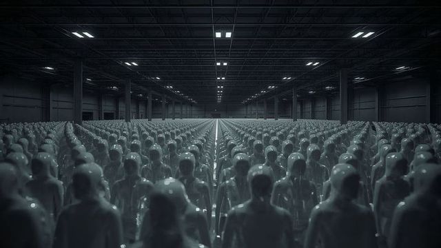 Rows of Identical Mannequins in Massive Industrial Warehouse