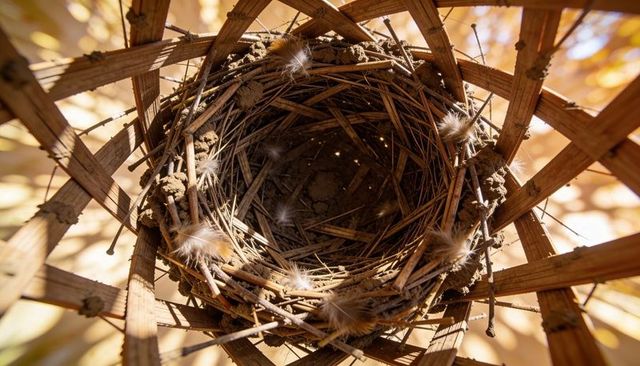 Empty rustic bird nest resting on lattice with soft feathers and warm sunlight in garden