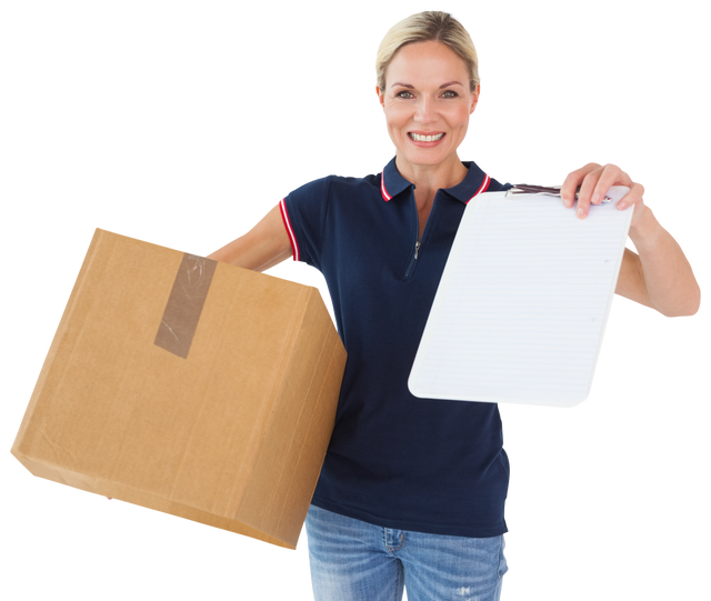 Happy Delivery Person Holding Cardboard Box with Clipboard - Download Free Stock Videos Pikwizard.com