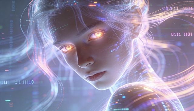 Ai female avatar gazing with glowing amber eyes in neon holographic data stream
