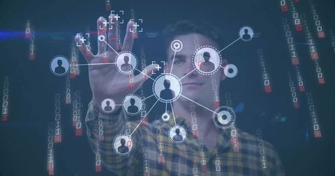 Data analyst interacting with digital network interface in futuristic office