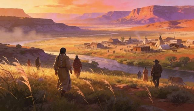 Sunset gathering overlooking river valley with native american tipis and settlers
