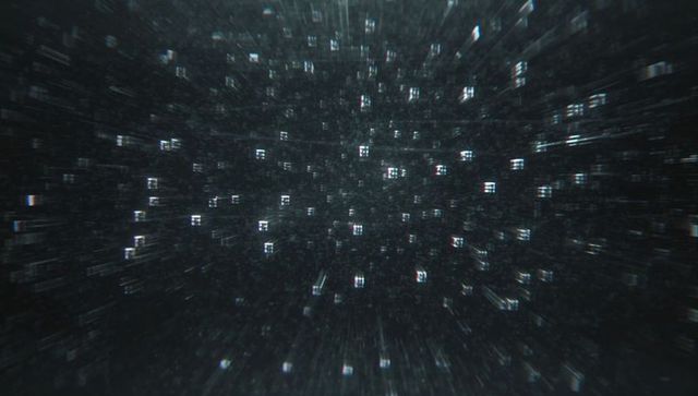 Glowing square particles engulfing cyberspace