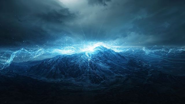 Futuristic mountain peak emitting electric blue energy