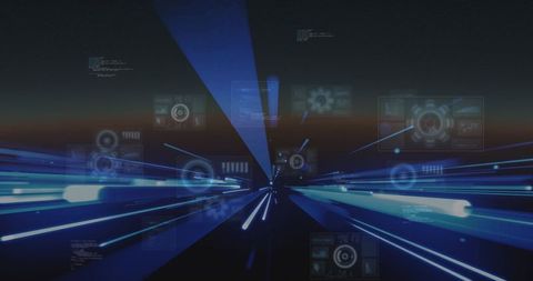 Neon Data Tunnel with HUD Panels and Light Trails Conveying High-Speed Digital Flow