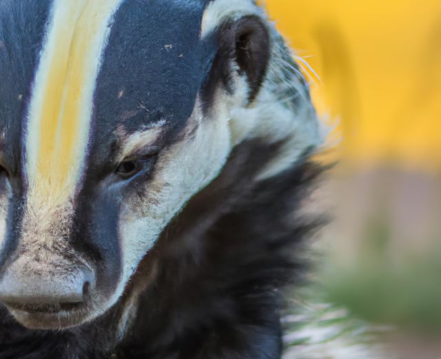 This image focuses on a badger with a distinctive yellow and white stripe on its face. It is suitable for use in wildlife documentaries, educational materials about mammals, nature conservation projects, and environmental campaigns. Its close-up nature makes it ideal for articles or presentations discussing the unique characteristics and behaviors of badgers.