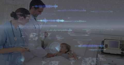 Pediatric team examining child patient with digital vital-sign overlays in hospital room