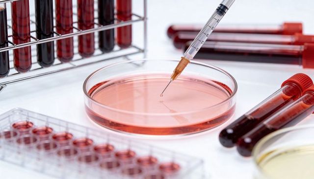 Syringe hovering over petri dish with blood tubes and multiwell plate in clinical lab