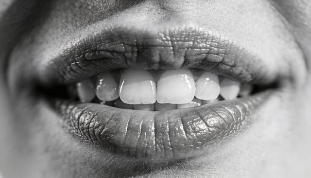Smiling close-up revealing glossy incisors and textured lips in high-contrast monochrome