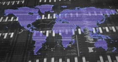 Futuristic world map with data visualization overlay