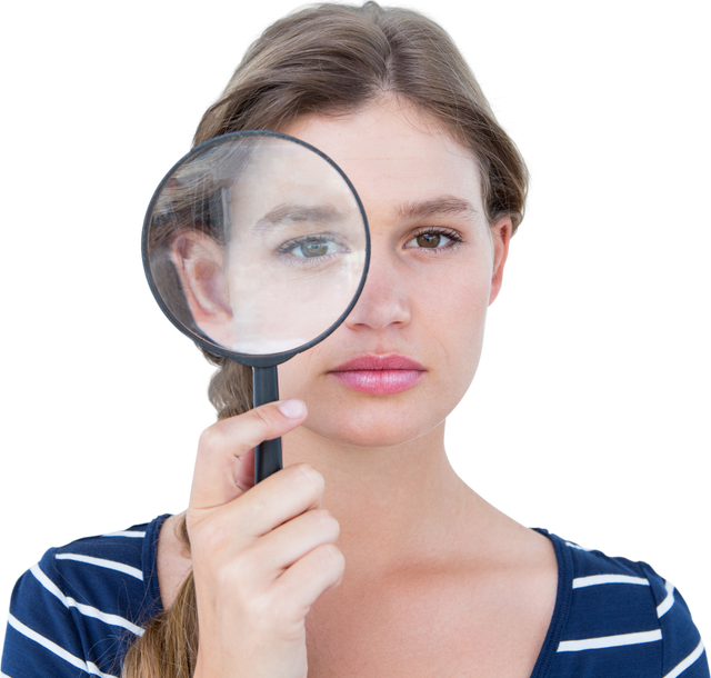 Transparent woman holding magnifying glass emphasizing eye facial expressions clarity - Download Free Stock Videos Pikwizard.com