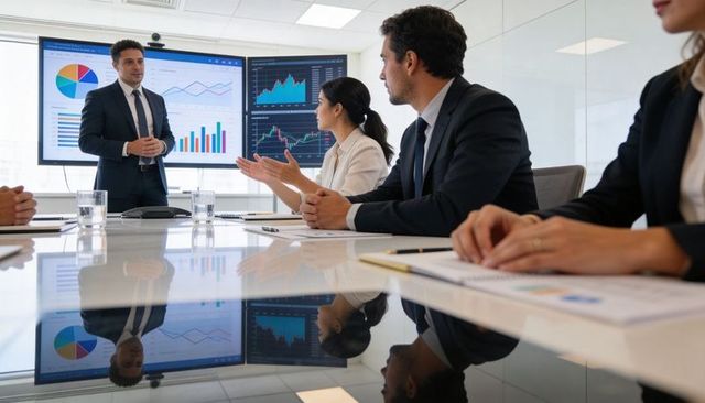 Executive team presenting financial dashboards and analytics in glass boardroom