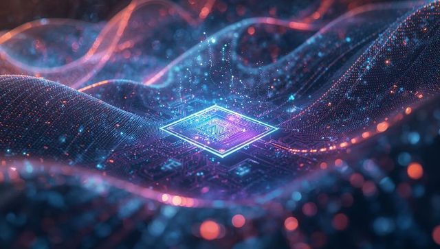 Glowing microchip surrounded by neon circuit patterns in futuristic design