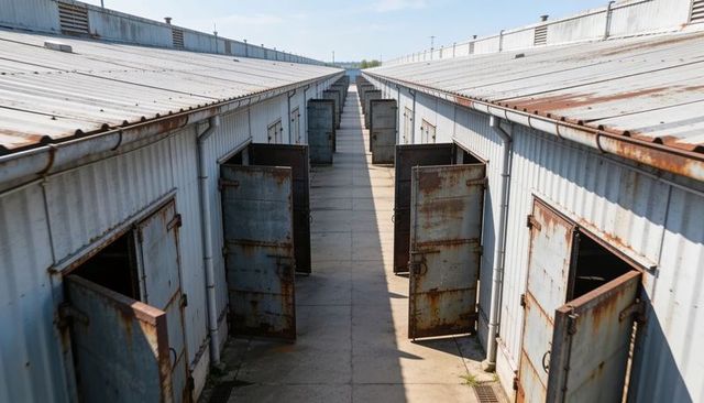 Symmetrical industrial storage corridor with rusted metal doors and concrete walkway