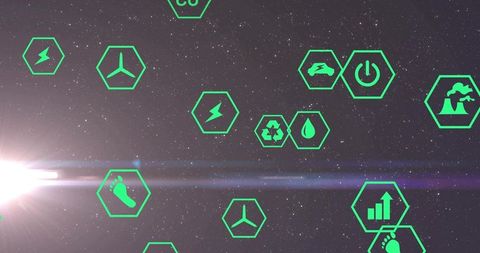 Neon green energy hex icons floating over starfield with lens flare futuristic data visuals