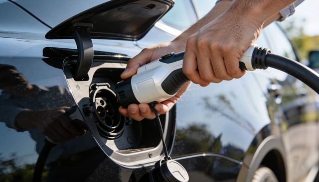 Hands connecting ev charging connector to vehicle inlet close-up home charging action fast