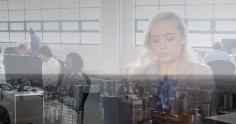 Business communication with urban cityscape overlay