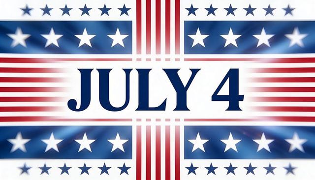 Centered bold july 4 banner featuring stars and stripes and soft vignette