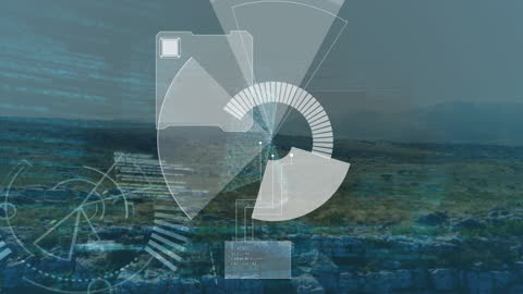 Futuristic Data Processing Interface Over Landscape