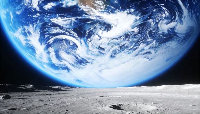 Earth rising over lunar horizon, vast cratered surface and scattered rocks in foreground