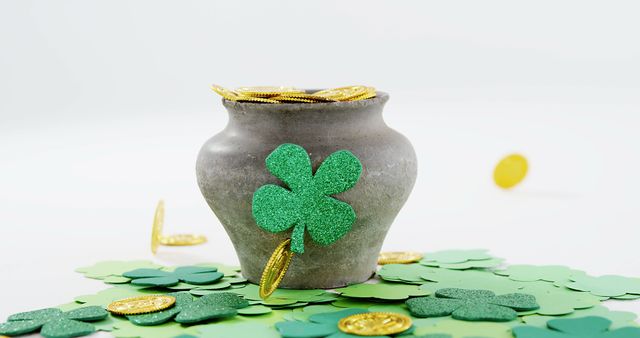 A pot filled with gold coins and adorned with a green shamrock represents wealth and luck, with copy space. It evokes themes of St. Patrick's Day celebrations and Irish folklore.