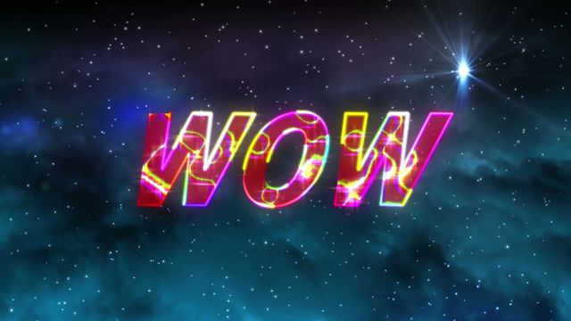 Vibrant WOW text design placed over a shimmering night sky filled with stars. The bright and colorful neon effect adds a dynamic scope, suitable for science fiction themed applications, digital advertising, or creative media backgrounds. Ideal for use in a cosmic-themed video game setting, or graphic design projects looking to add a futuristic and vibrant touch.