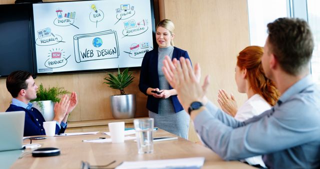 Team of professionals discussing web design strategy in modern office, ideal for business, corporate communication, and technology marketing materials showcasing collaboration, brainstorming, and digital transformation in corporate environments.