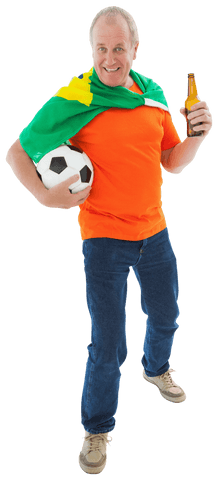 Cheerful Mature Man Holding Soccer Ball and Beer on Transparent Background