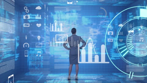 Businesswoman Engaging with Virtual Financial Data Analytics Interface