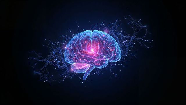 Glowing holographic brain with digital neural network connectivity and pulsing core center