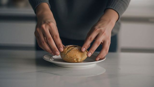 Arranging crusty bread roll on white plate on marble countertop, hands in gray sweater