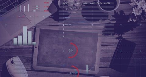 Digital financial data analysis on desk with tablet