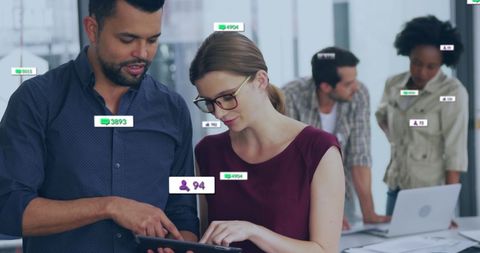 Diverse team collaborating with digital notifications
