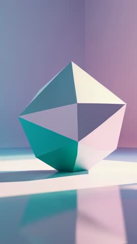 Rotating polyhedron on glossy floor vertical video, pastel studio, minimalist geometric motion