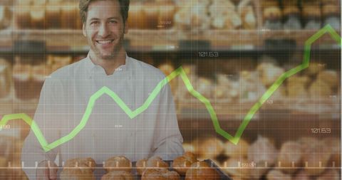 Cheerful baker with growth graph overlay symbolizing business success