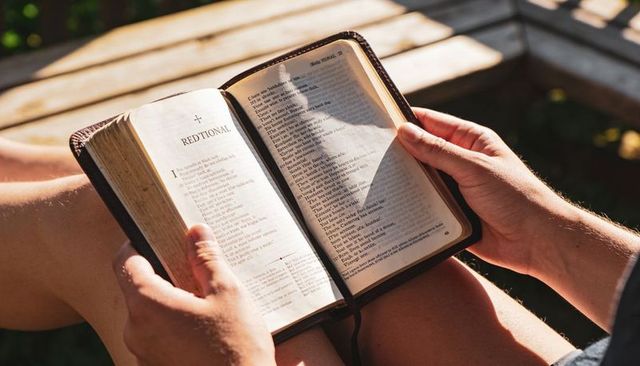 Holding leather-bound devotional and reading on wooden bench in warm sunlight, reflective