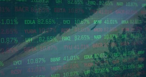 Aerial winding road with neon stock market ticker overlay, vehicle passing through canopy