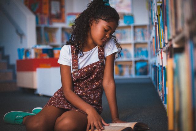 Young biracial schoolgirl sitting on the floor of a school library, deeply engrossed in reading a book. Ideal for educational materials, school promotions, literacy campaigns, and childhood learning resources.