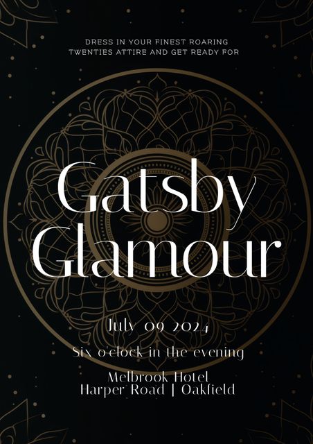 Invitation showcases an elegant black background with intricate gold art deco designs, promoting a Gatsby themed event. Perfect for use in creating invitations for parties, weddings, and special events with a '20s theme, highlighting glamour, luxury, and sophistication.