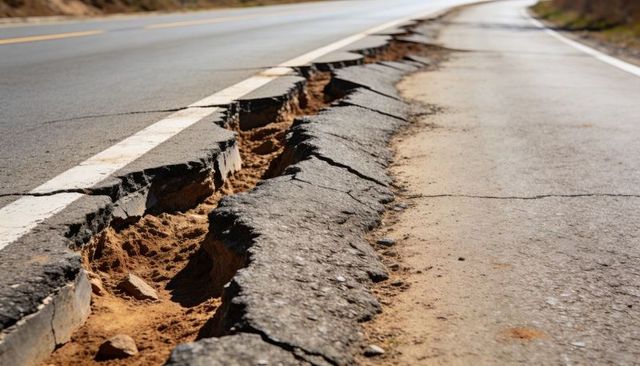 Asphalt shoulder collapse on rural highway with jagged fissures, erosion and broken slabs