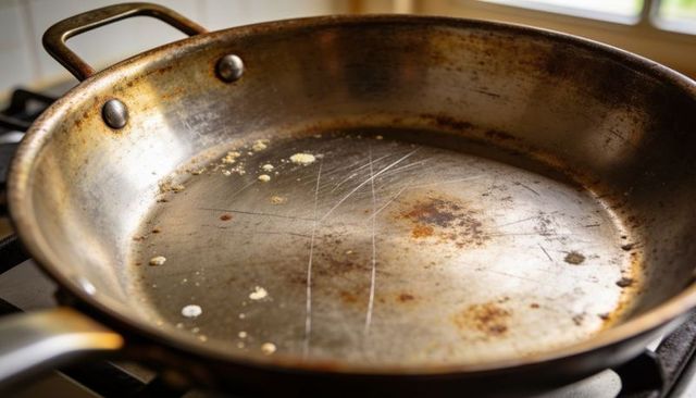 Well-worn stainless steel skillet showing scratches, stains and riveted handle on gas stove