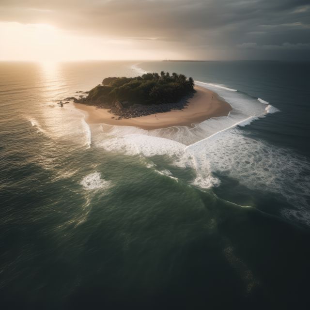 A small deserted island surrounded by calm ocean waves under a golden sunset, creating a peaceful and serene atmosphere. Perfect for use in travel blogs, tourism advertisements, and environmental campaigns promoting natural landscapes.