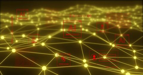 Glowing cyber network mesh pulsing with ai system hacked overlays and malware icons
