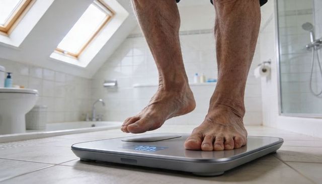 Senior weighing on digital scale in bright attic bathroom with skylight and tiled floor
