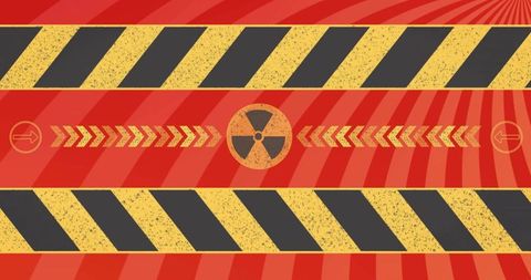 Industrial radiation hazard banner featuring distressed chevron stripes and trefoil symbol