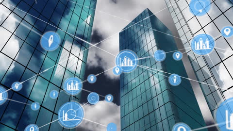 Digital Network Icons Overlaying Modern Glass Skyscrapers