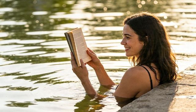 Woman reading book in lake at golden hour, smiling with sunlit water reflections
