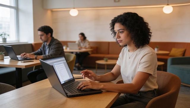 Focused woman typing on laptop in sunlit coworking space, modern remote work productivity