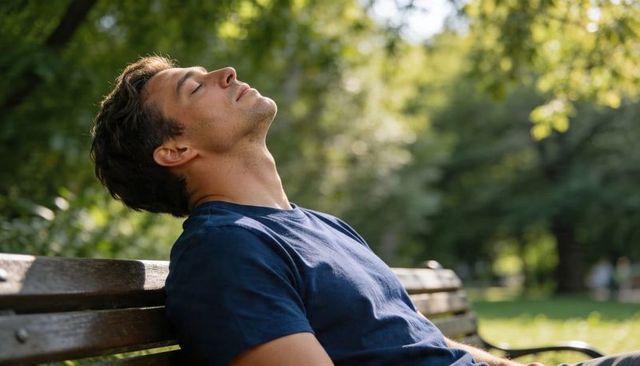 Young man relaxing on park bench leaning back with eyes closed under leafy canopy
